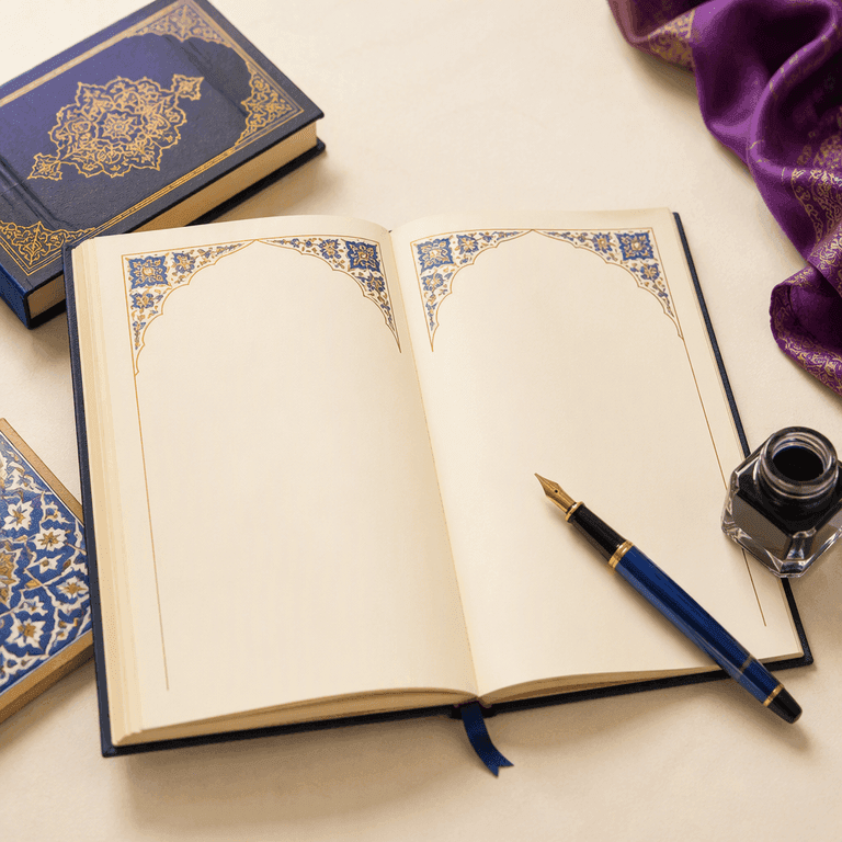 دفتر خط عربي وقلم على طاولة هادئة